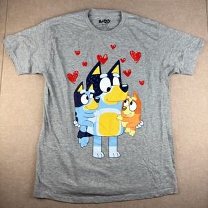 Bluey T-Shirt Unisex Medium Gray Cartoon Family Hearts Graphic Tee